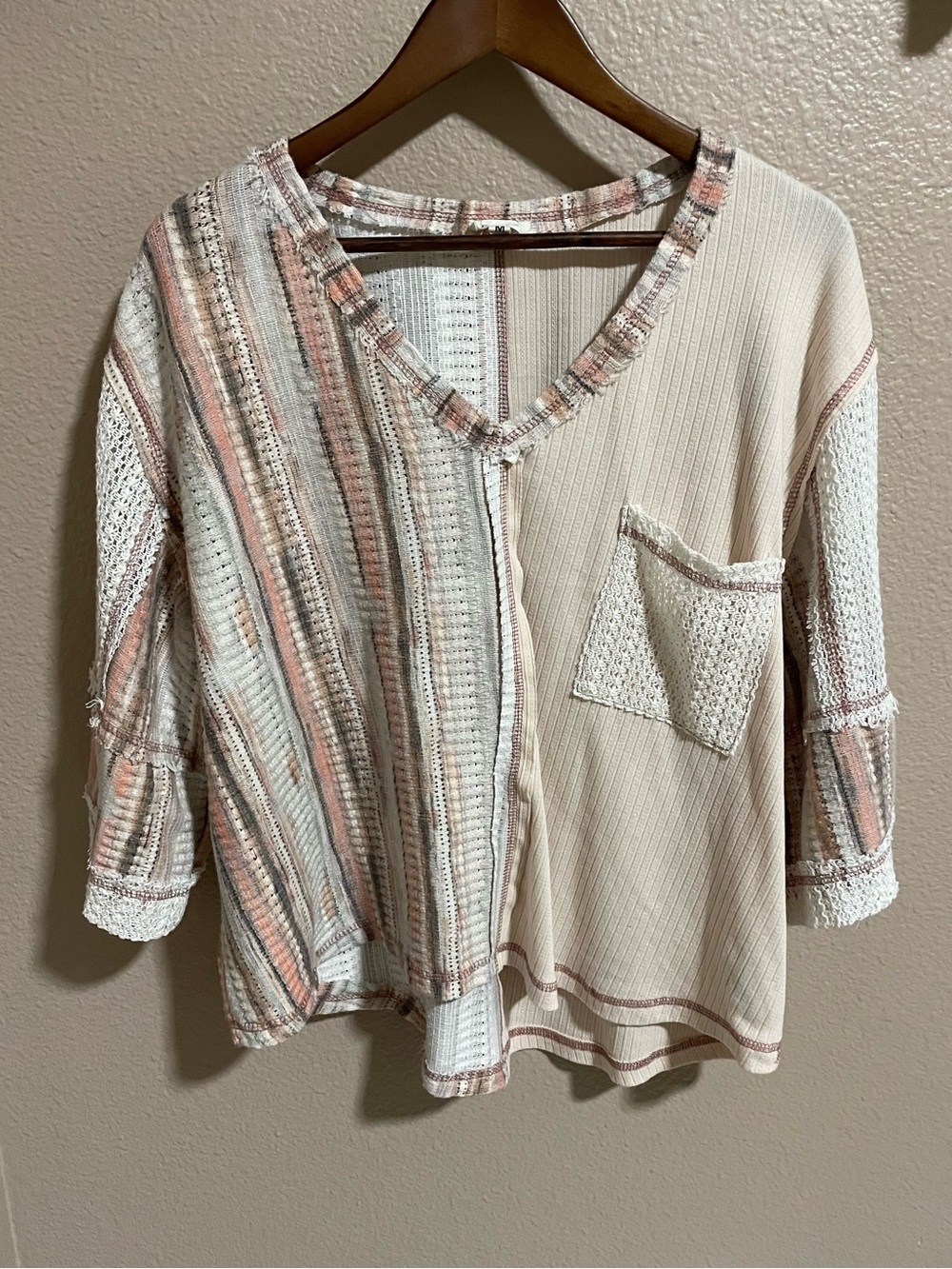 POL Patchwork V-Neck Women's Top in Cream and Blush